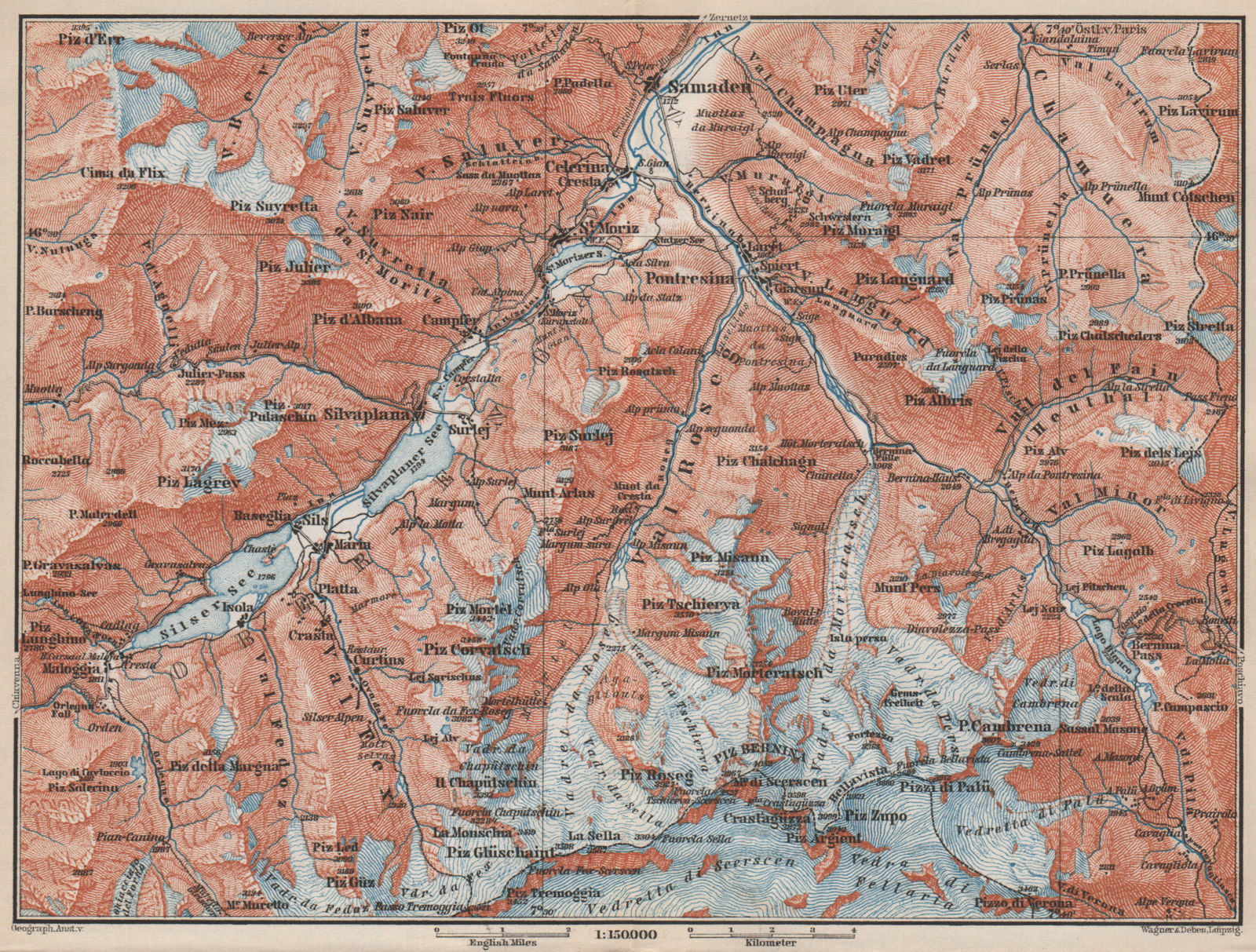 UPPER ENGADINE. St Moritz Celerina Pontresina Sils-Maria Bernina Range 1889 map